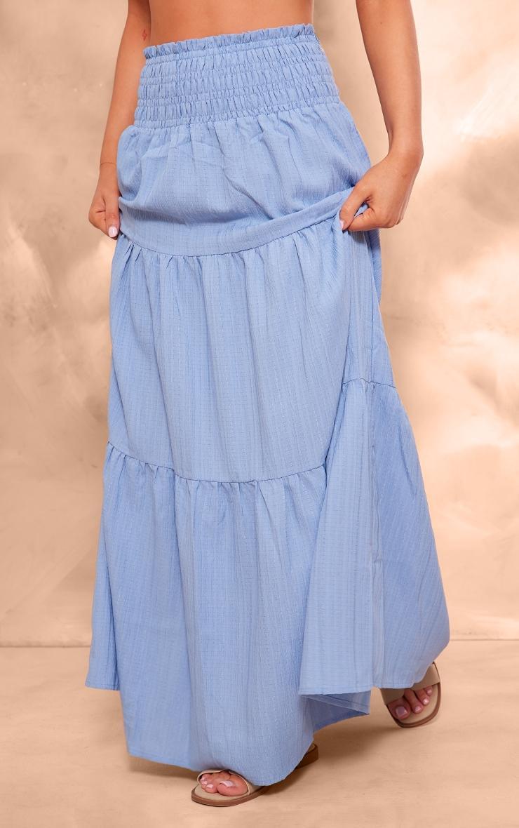 Dusty Blue Cheesecloth Shirred Waist Tiered Maxi Skirt Product Image