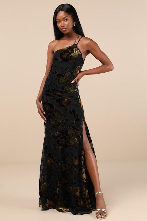 Ethereal Entrance Black Velvet Burnout One-Shoulder Maxi Dress Product Image