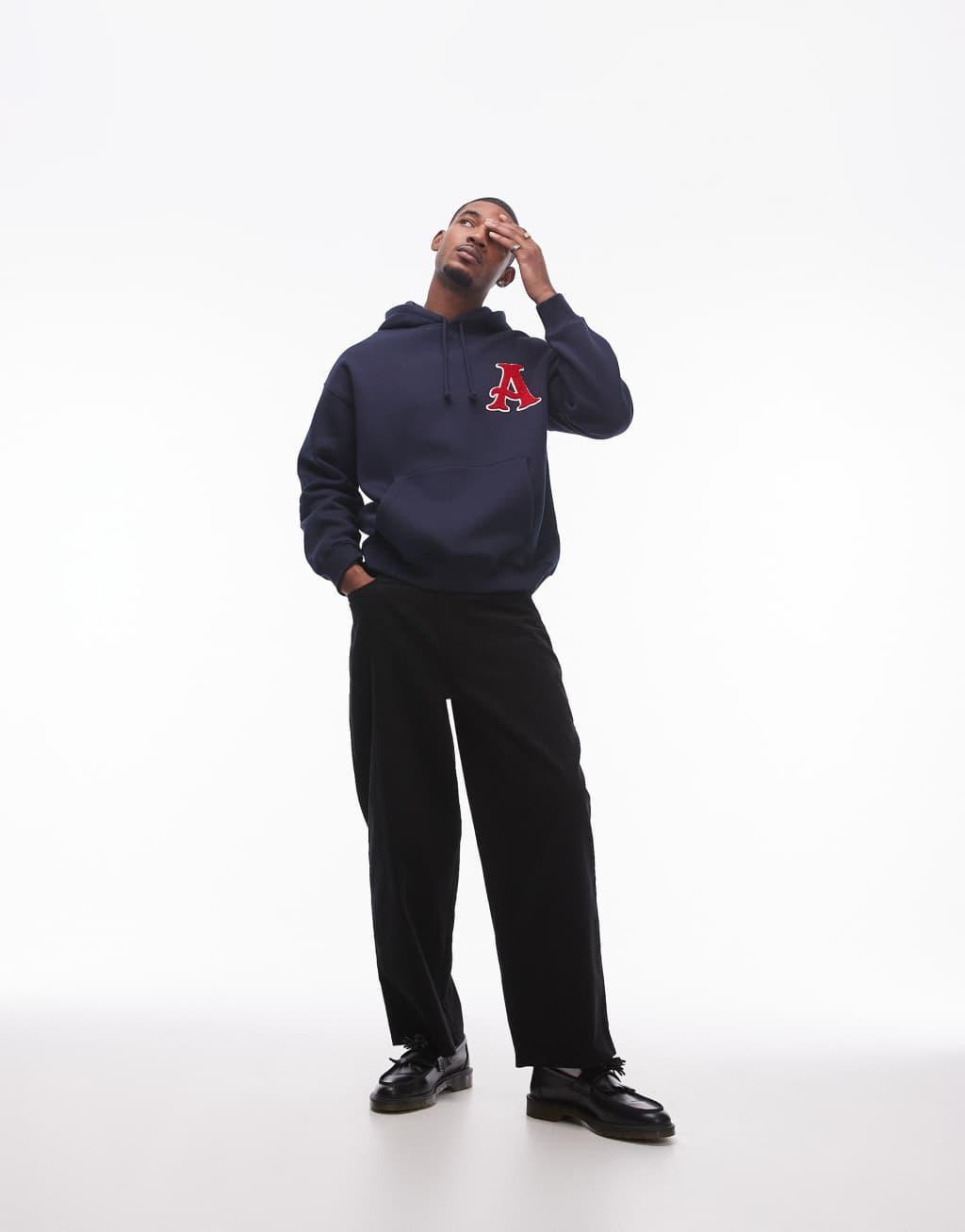 Topman oversized fit hoodie with letter chenille embroidery in navy Product Image