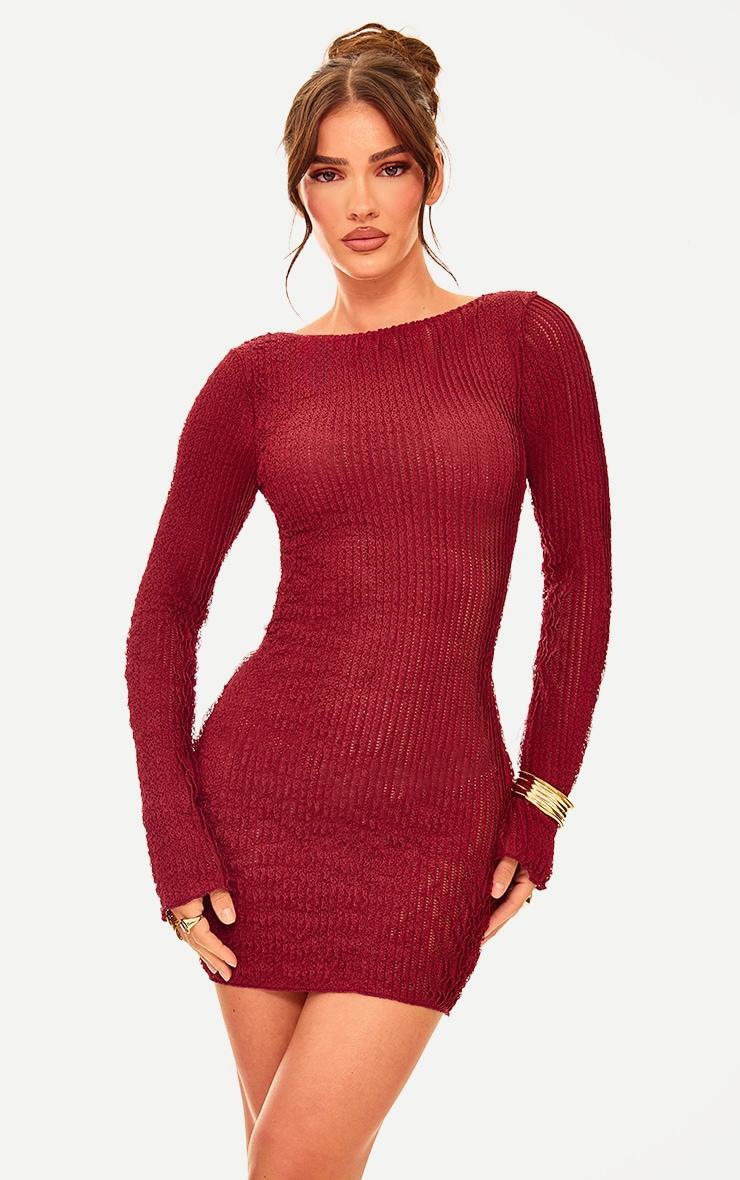 Burgundy TextuBurgundy Backless Tie Bodycon Dress Product Image