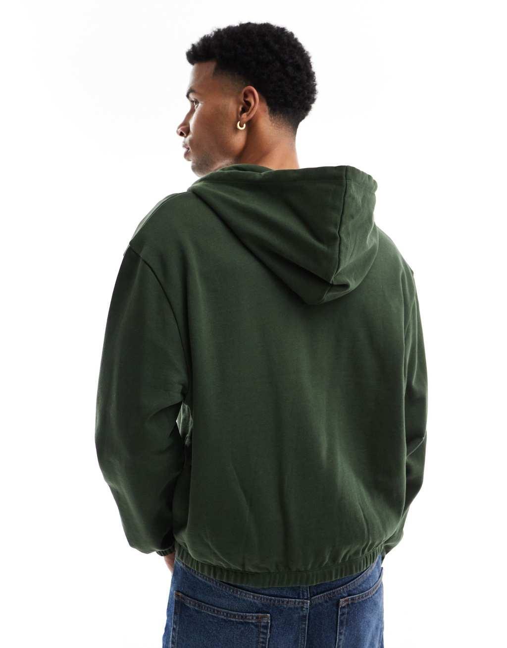 ASOS DESIGN boxy oversized zip through hoodie with chest print in green Product Image