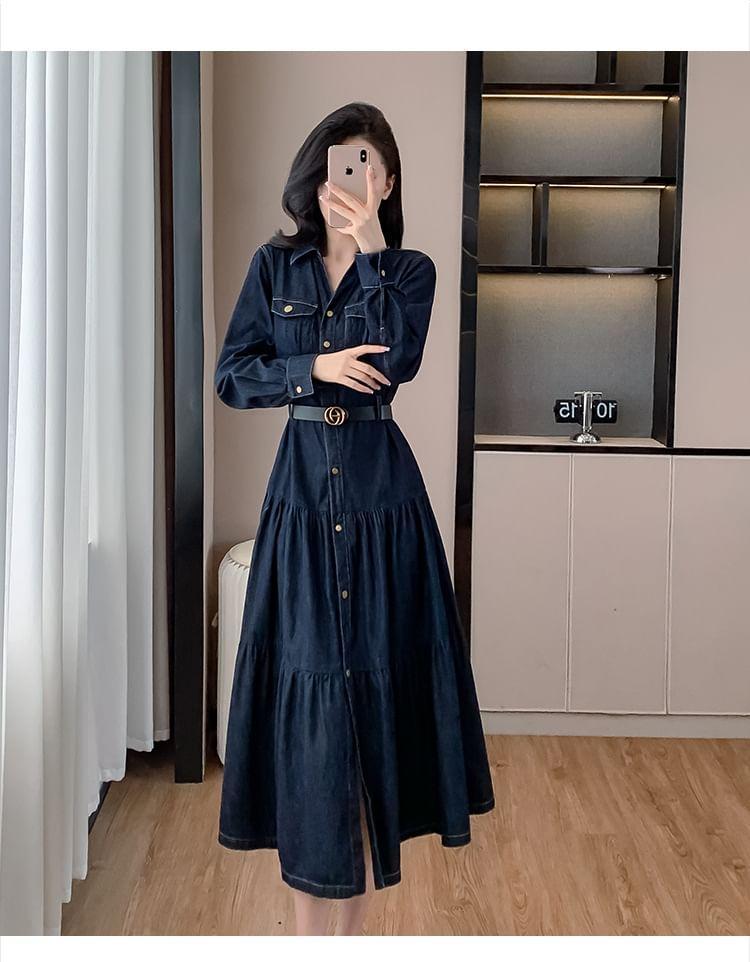 Long-Sleeve Denim Midi A-Line Shirt Dress Product Image