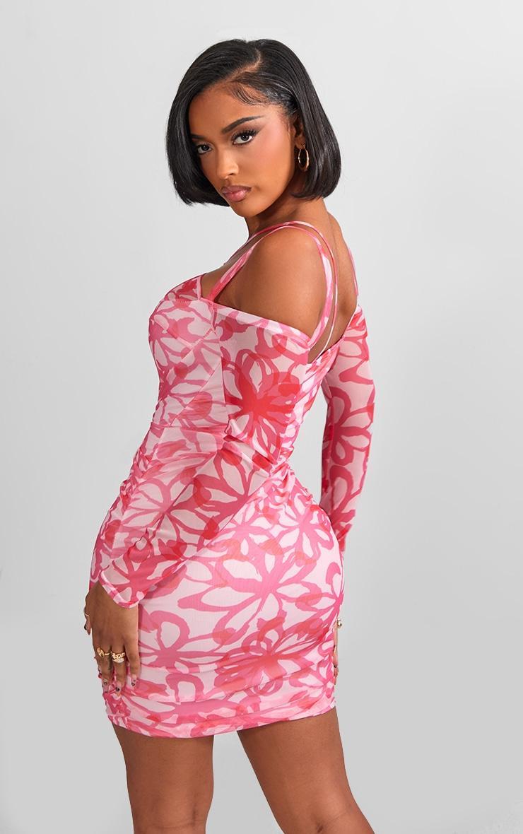 Shape Hot Pink Floral Print Mesh Ring Halterneck Ruched Bodycon Dress Product Image