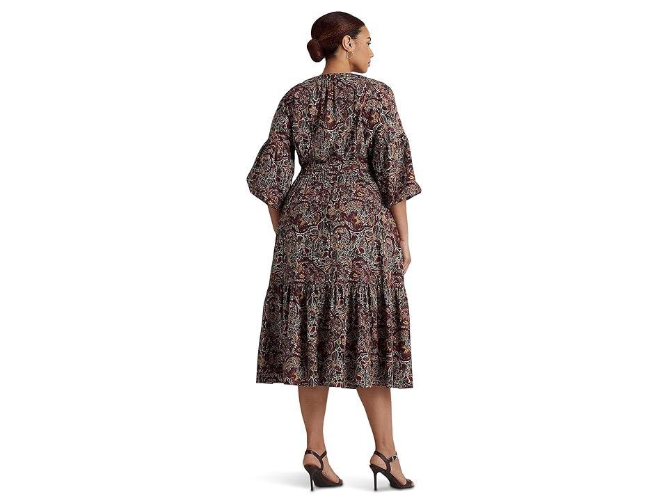 LAUREN Ralph Lauren Plus Size Floral Belted Cotton Voile Tiered Dress Multi) Women's Clothing Product Image