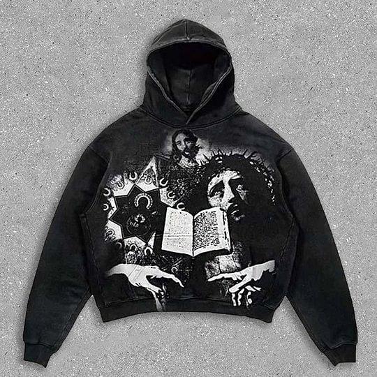 Sopula Vingate Jesus Print Graphic Acid Washed Oversized Hoodie Product Image