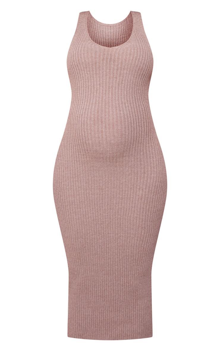 Maternity Taupe Knitted V Neck Midi Dress Product Image