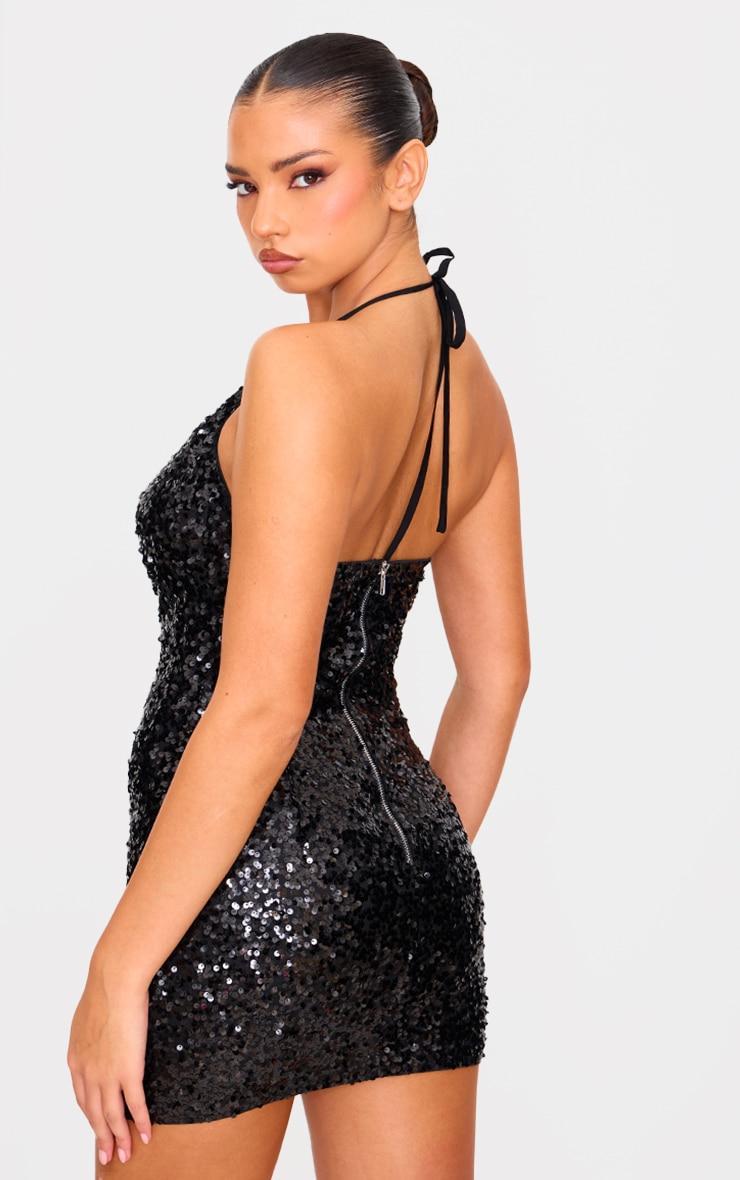 Black Sequin Tie Cowl Halter Neck Bodycon Dress Product Image