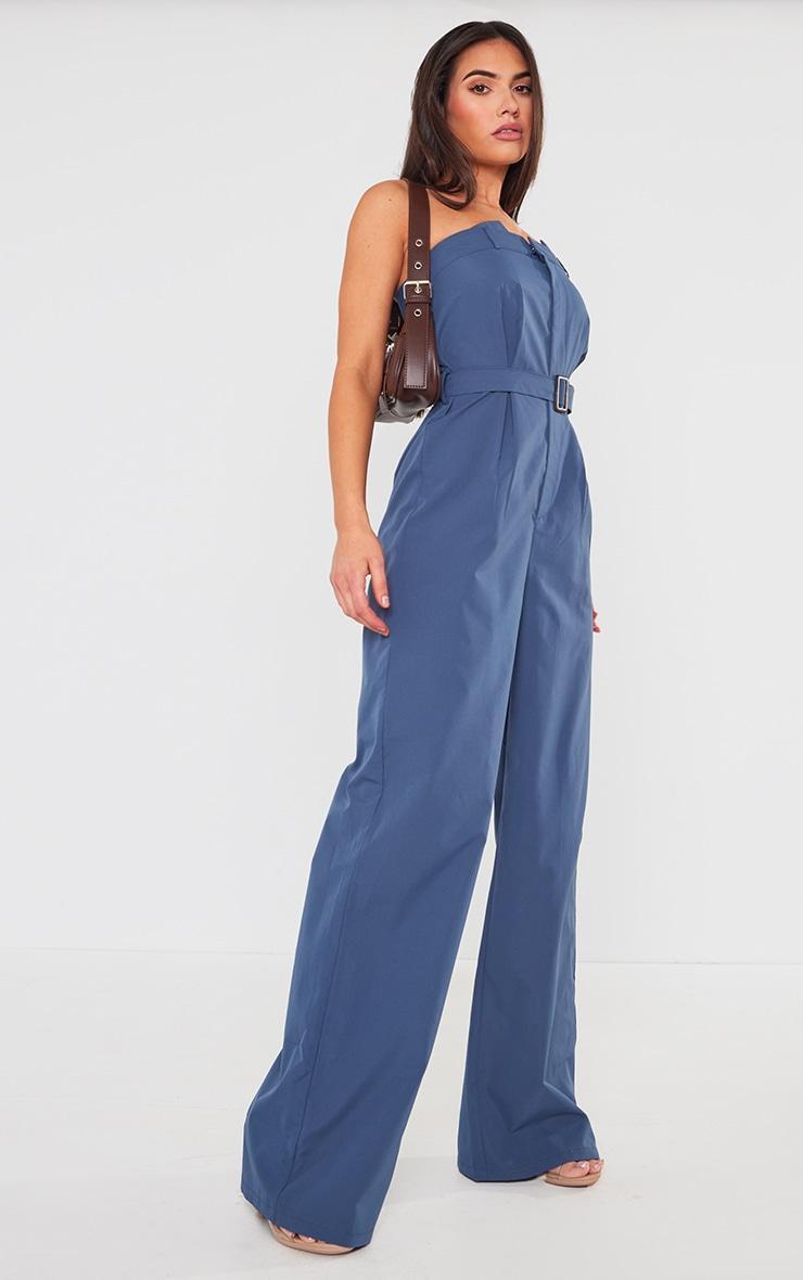 Dark Blue Woven Belted Bandeau Wide Leg Jumpsuit Product Image