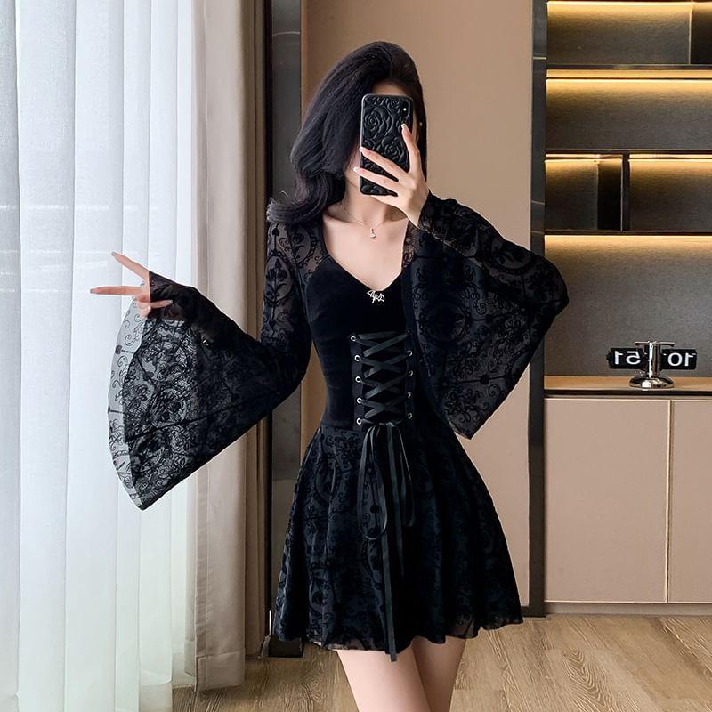 Bell-Sleeve Jacquard Panel Lace-Up Velvet Panel Mini A-Line Dress Product Image