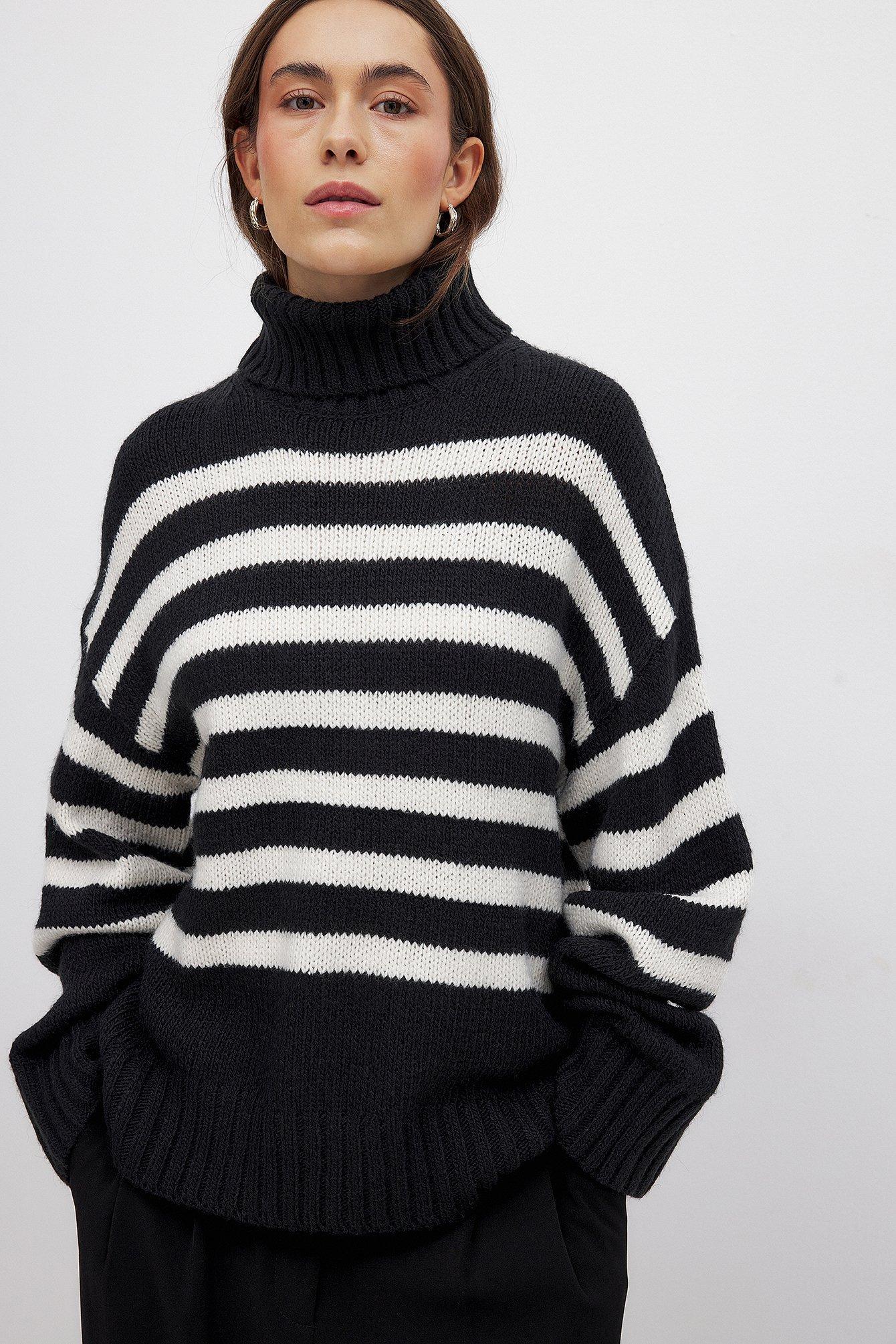 Turtle Neck Knitted Striped Sweater Product Image