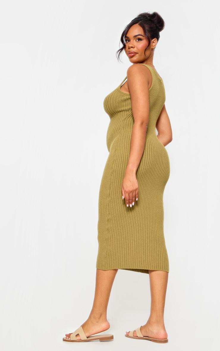 Maternity Khaki Knitted V Neck Midi Dress Product Image