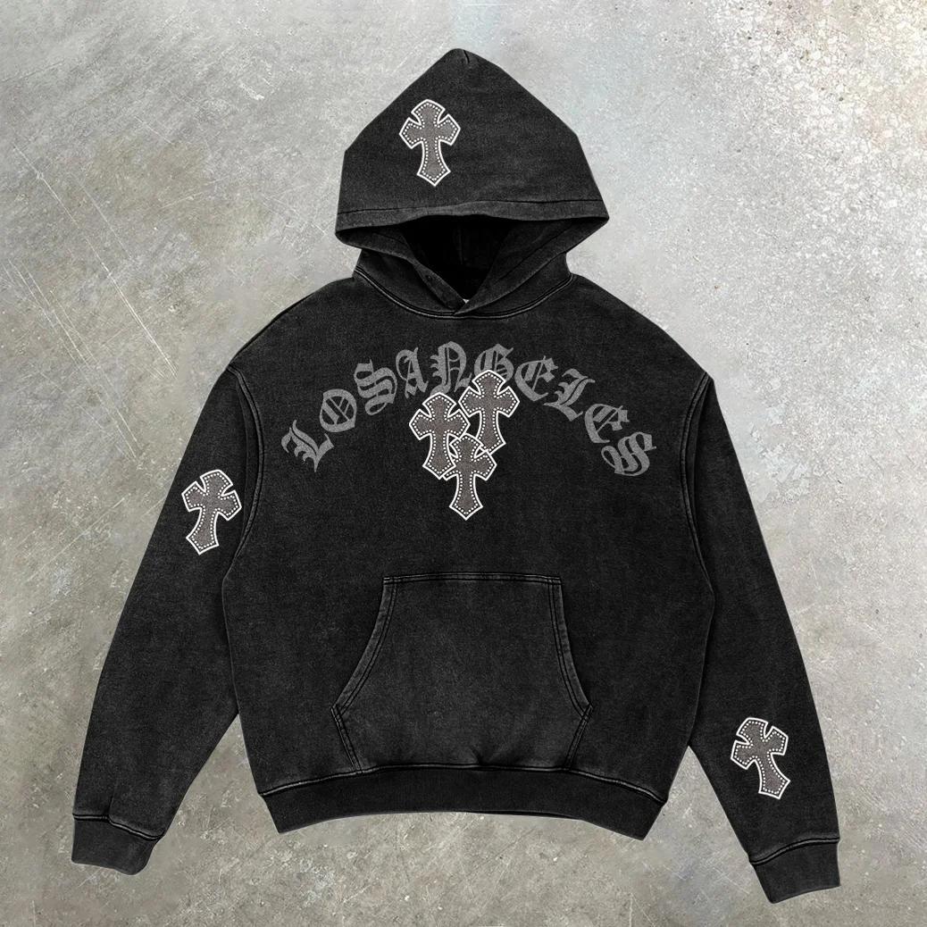 Vintage Faith Cross Graphic Acid Wash Black Hoodie Product Image