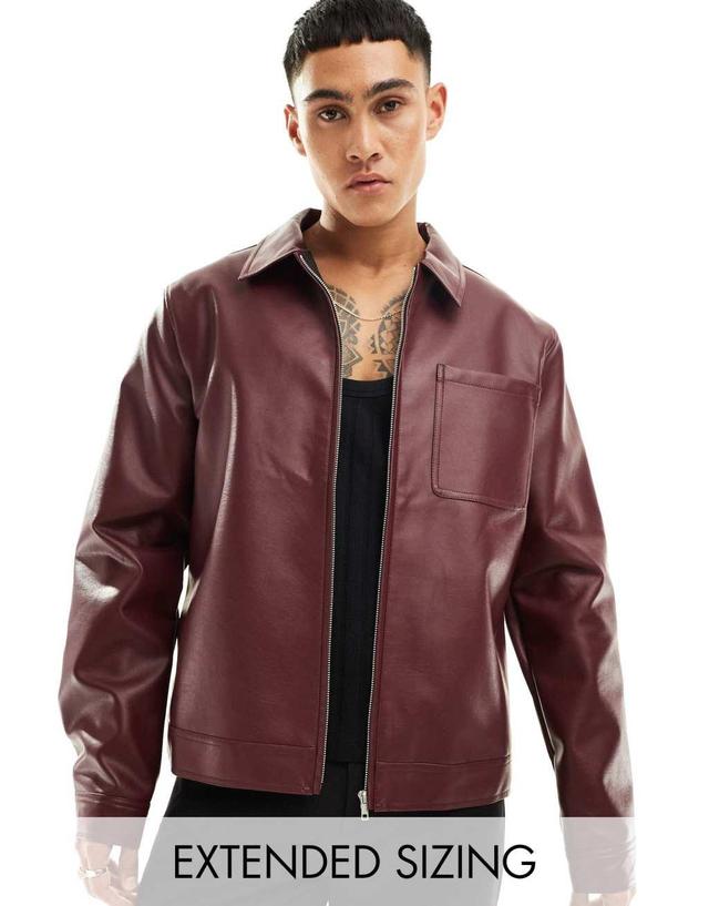 ASOS DESIGN faux leather harrington jacket in burgundy Product Image