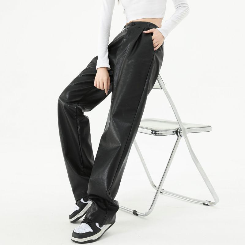 High Waist Plain Faux Leather Loose Fit Pants (Various Designs) Product Image