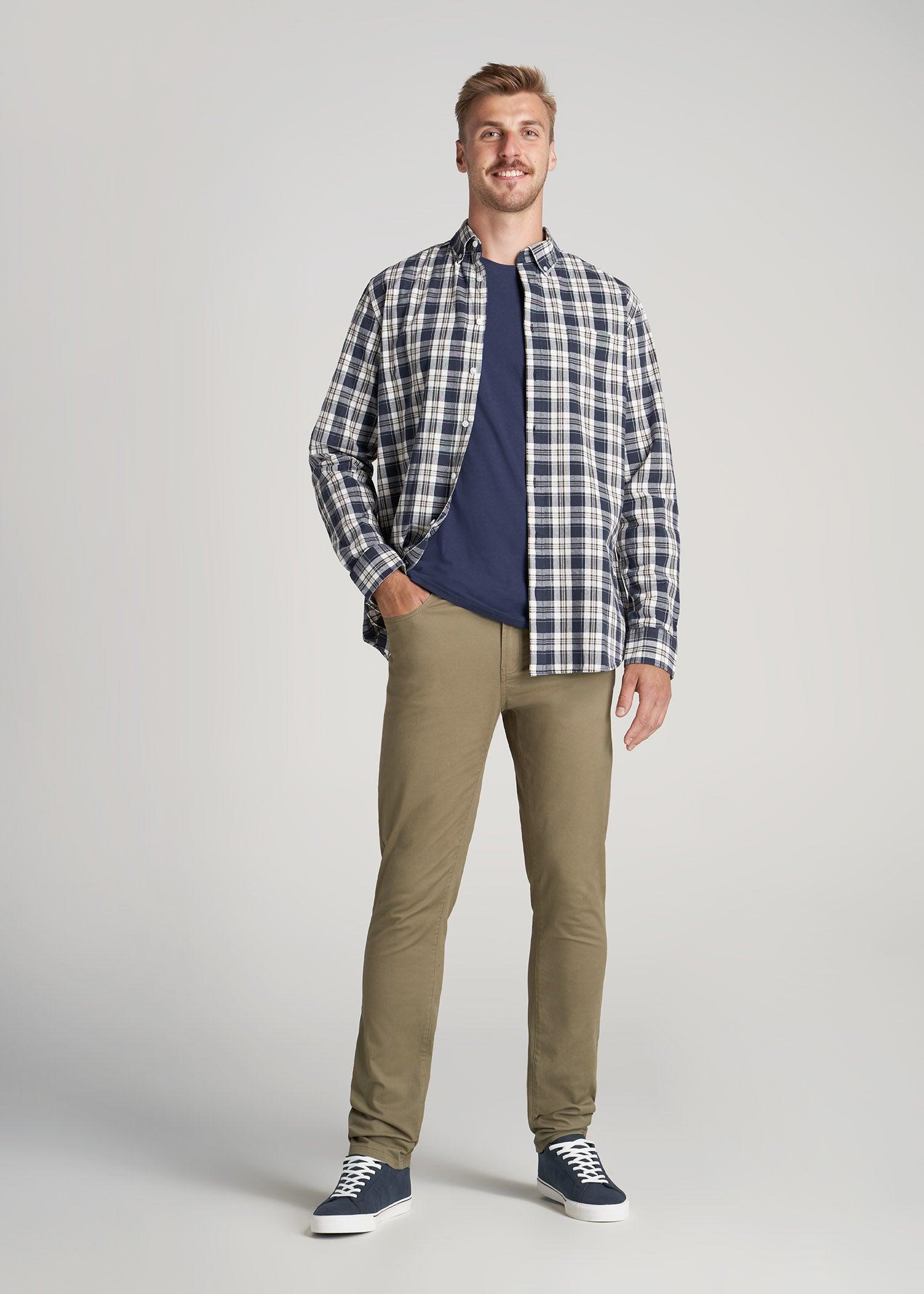 Soft-Wash Button-Up Shirt for Tall Men in Navy and Oak Plaid Male Product Image