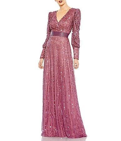 Womens Sequin Wrap-Over Bishop-Sleeve Gown Product Image