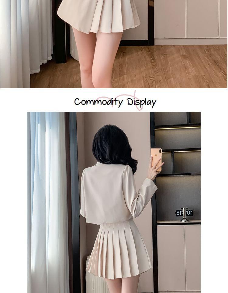 Set: Notch Lapel Plain Double Breasted Blazer + High Rise Pleated Mini A-Line Skirt Product Image