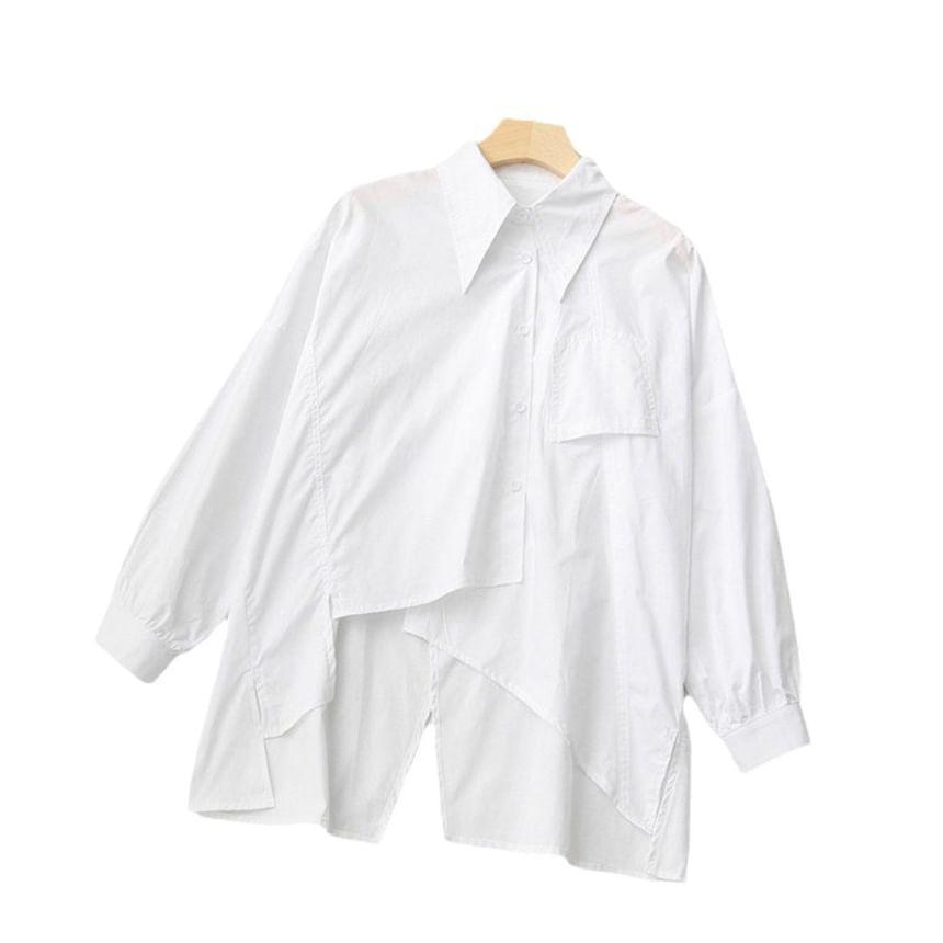 Long Sleeve Collared Plain Oversized Shirt Product Image