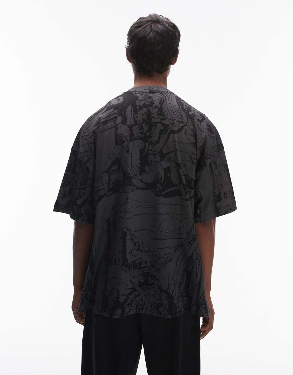 Topman premium heavyweight extreme oversized fit t-shirt with front and back medieval scene print in washed black Product Image