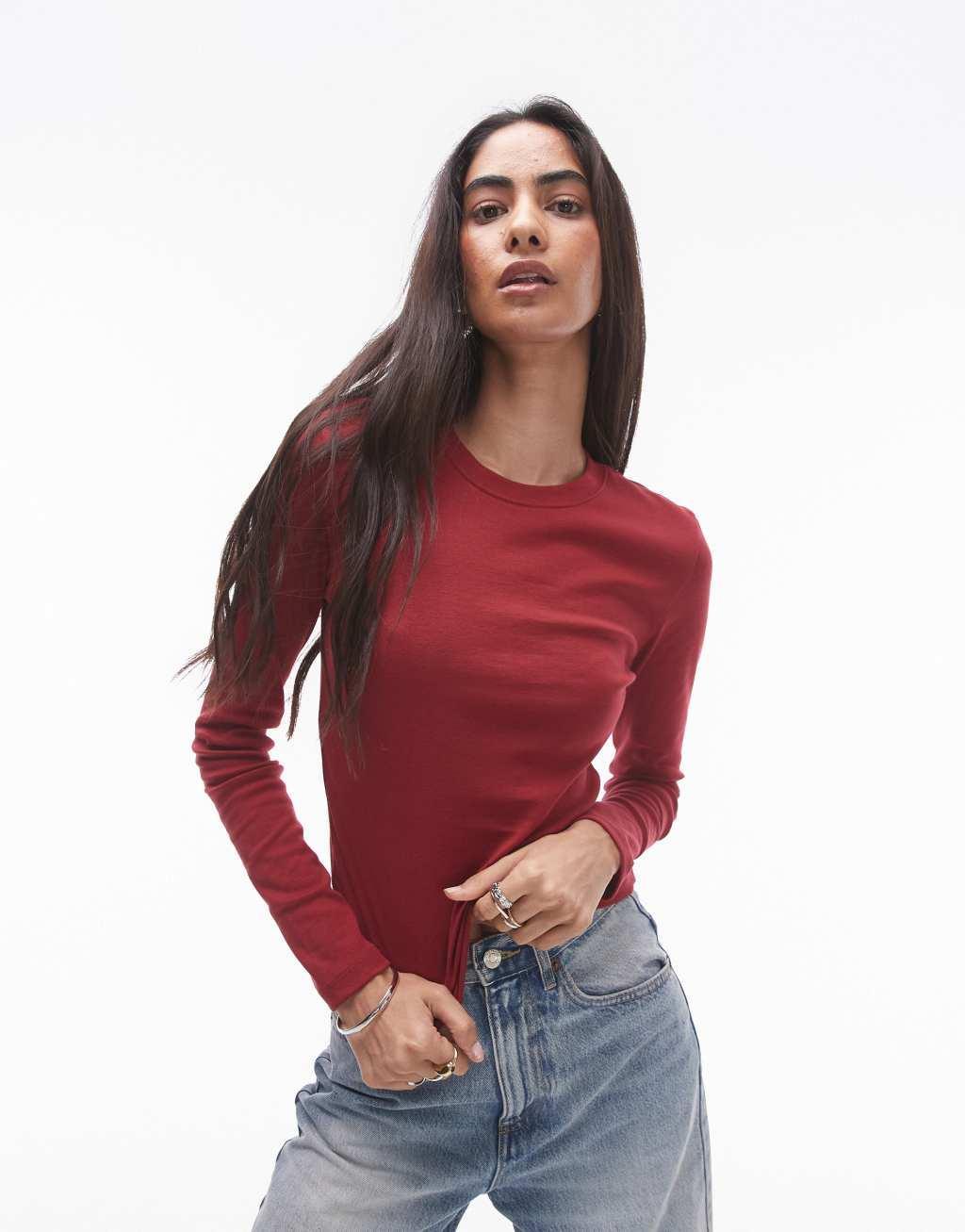 Topshop slim long sleeve top in burgundy Product Image