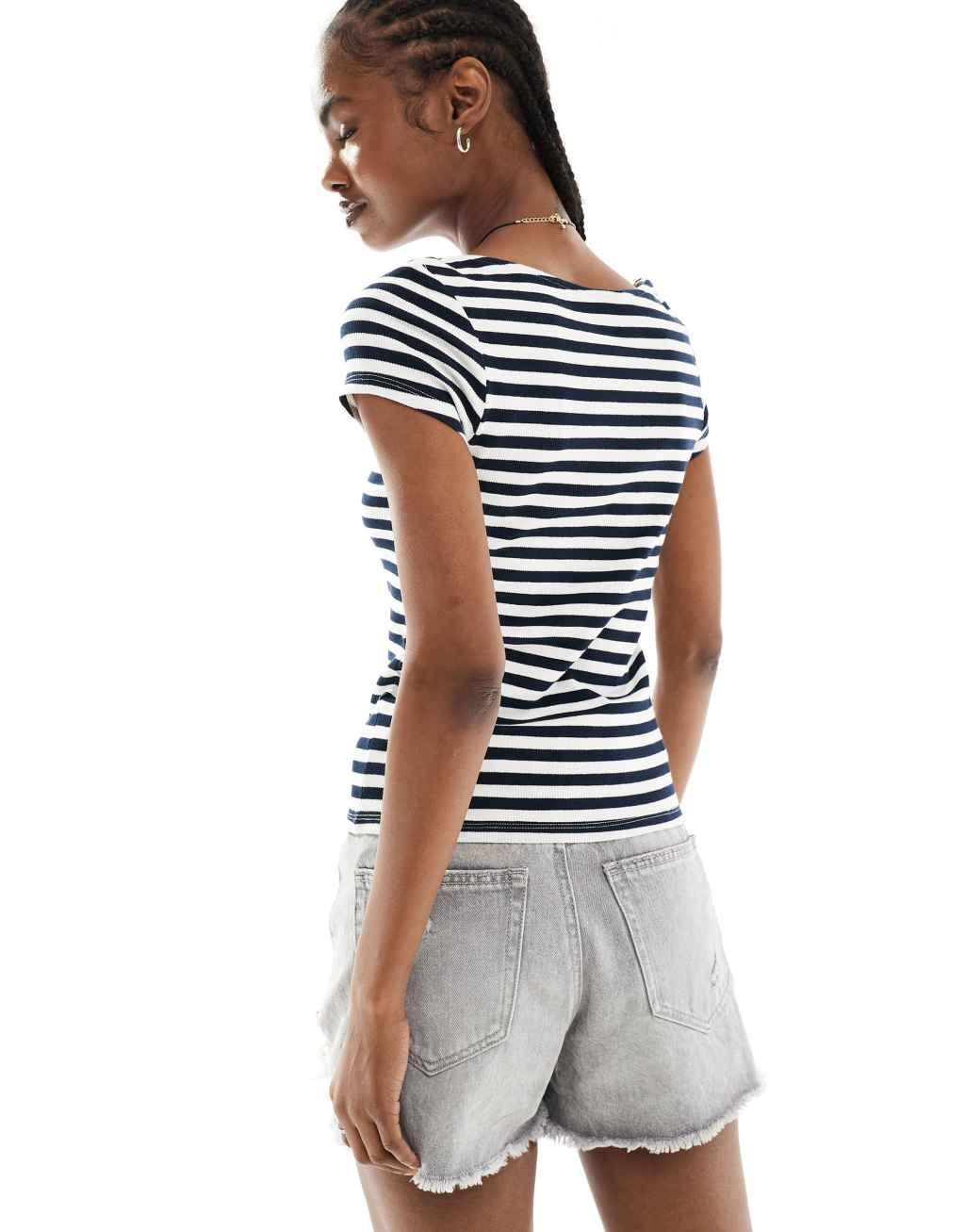 Monki fitted short sleeve top with boat neck in navy and white stripe Product Image