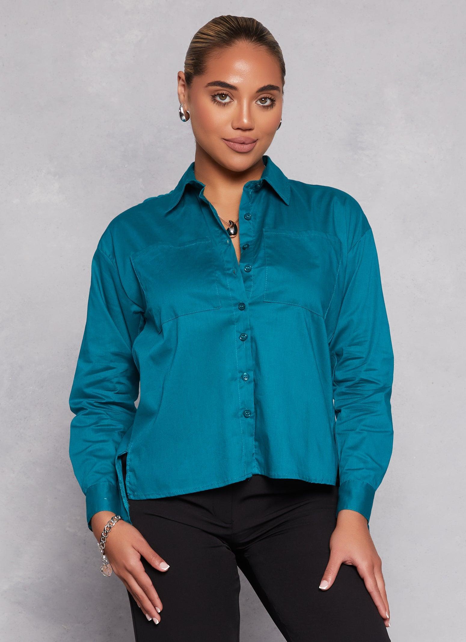 Womens Button Front Cuffed Sleeve Shirt Product Image