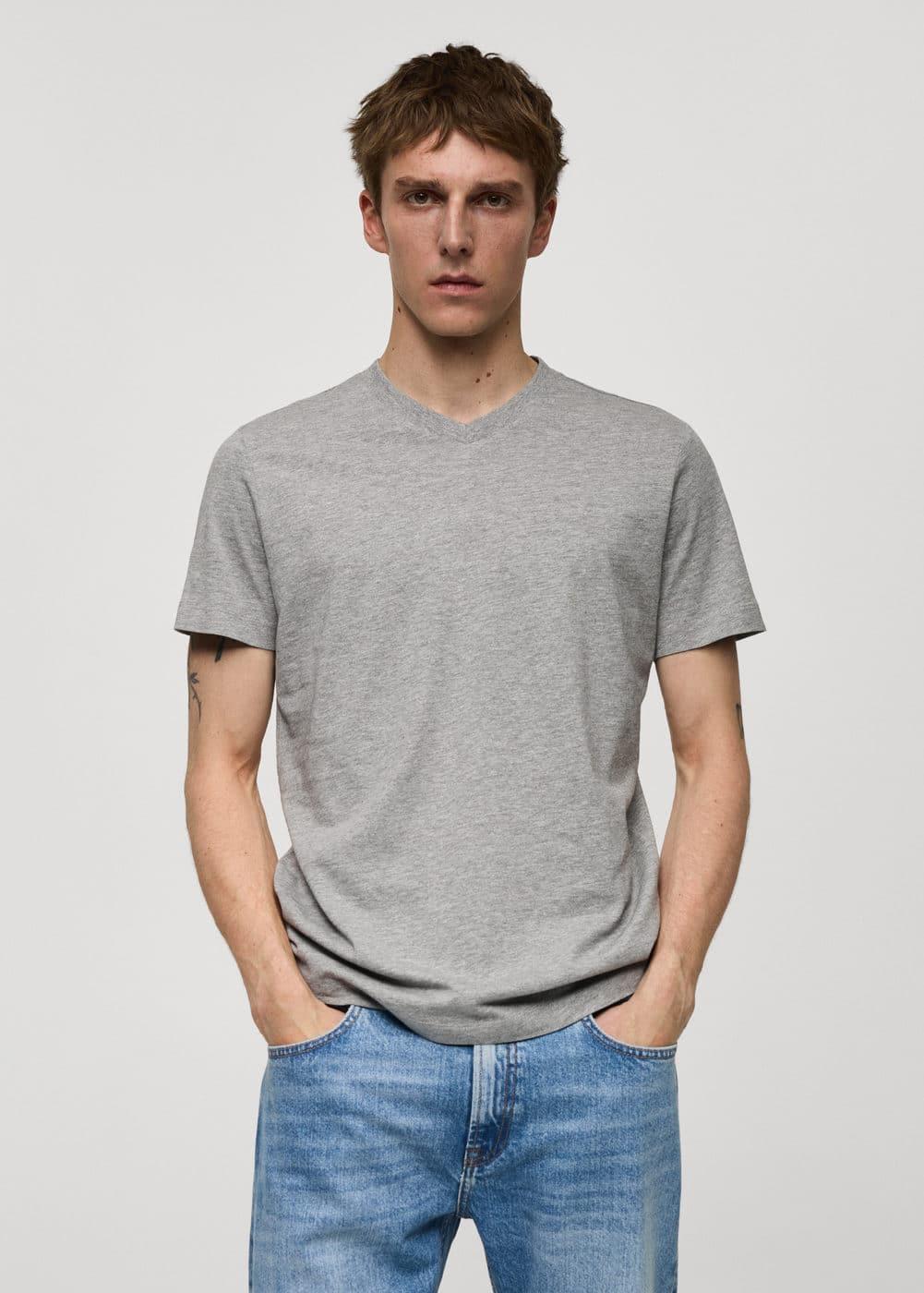 MANGO MAN - Slim-fit cotton V-neck t-shirt medium heather greyMen Product Image