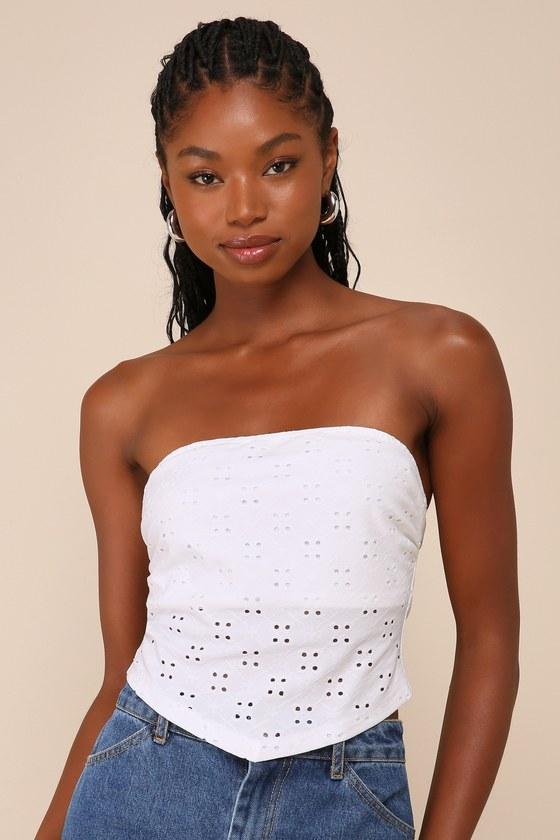 Darling Sunshine Ivory Eyelet Strapless Handkerchief Crop Top Product Image