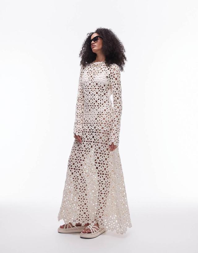 Topshop knit crochet long sleeve maxi dress in cream Product Image