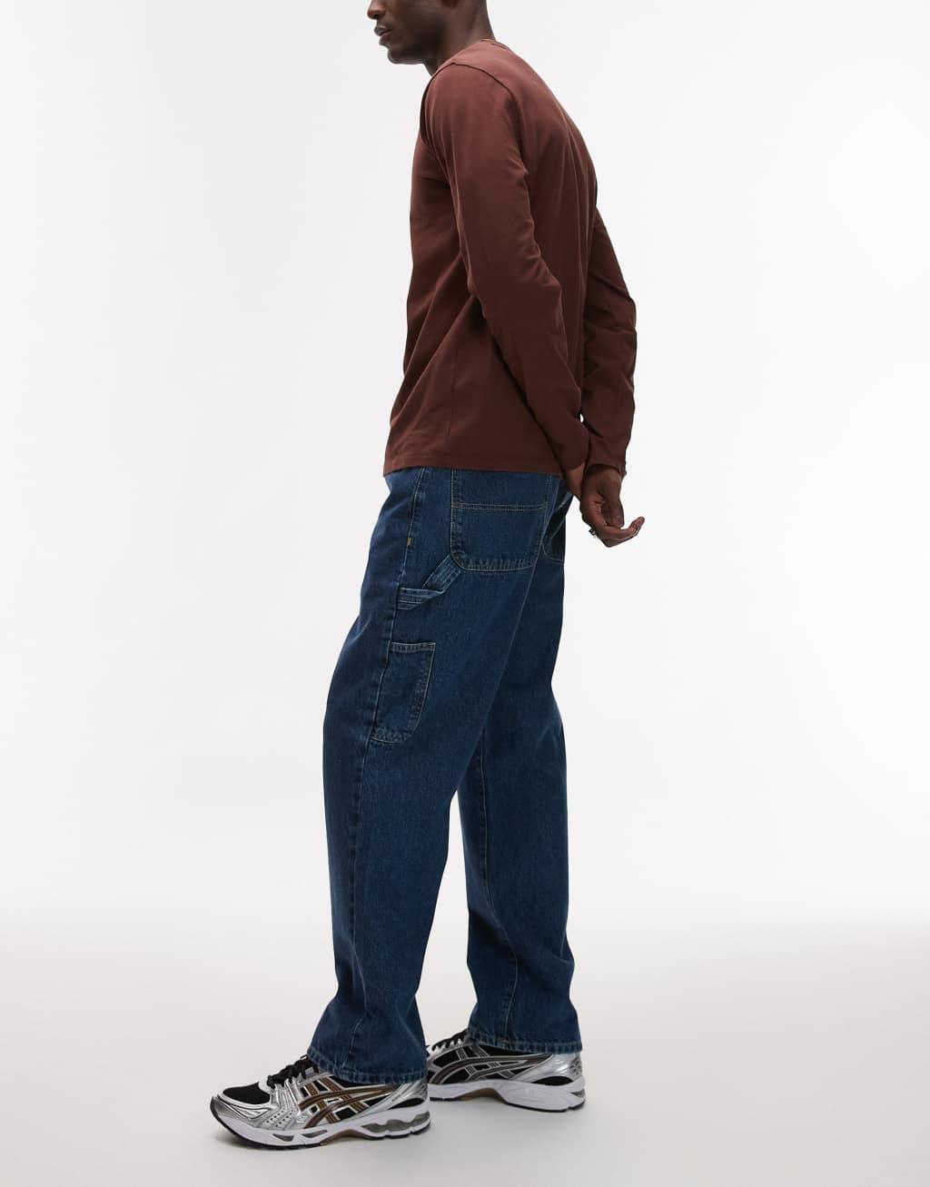 Topman straight carpenter jeans in mid wash blue Product Image