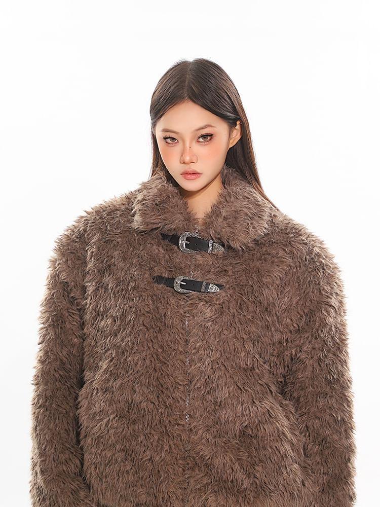 Collared Plain Fluffy Buckled Zip Jacket Product Image