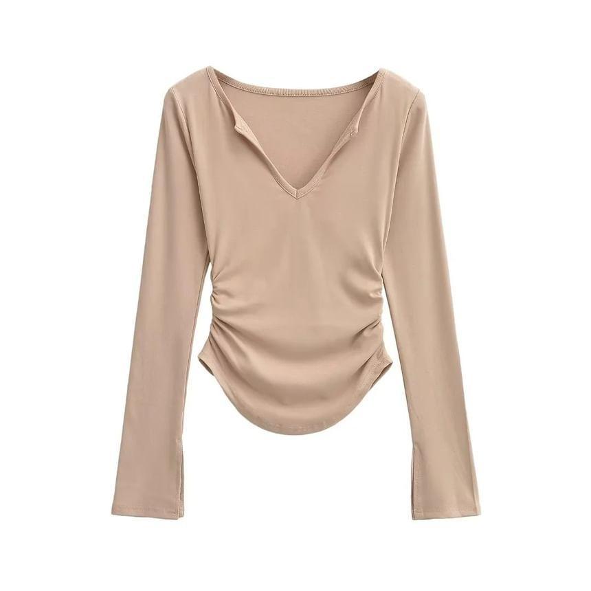 Long-Sleeve V-Neck Plain Crop Top Product Image