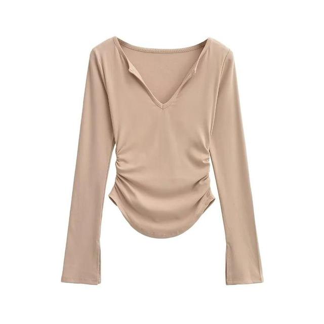 Long-Sleeve V-Neck Plain Crop Top Product Image