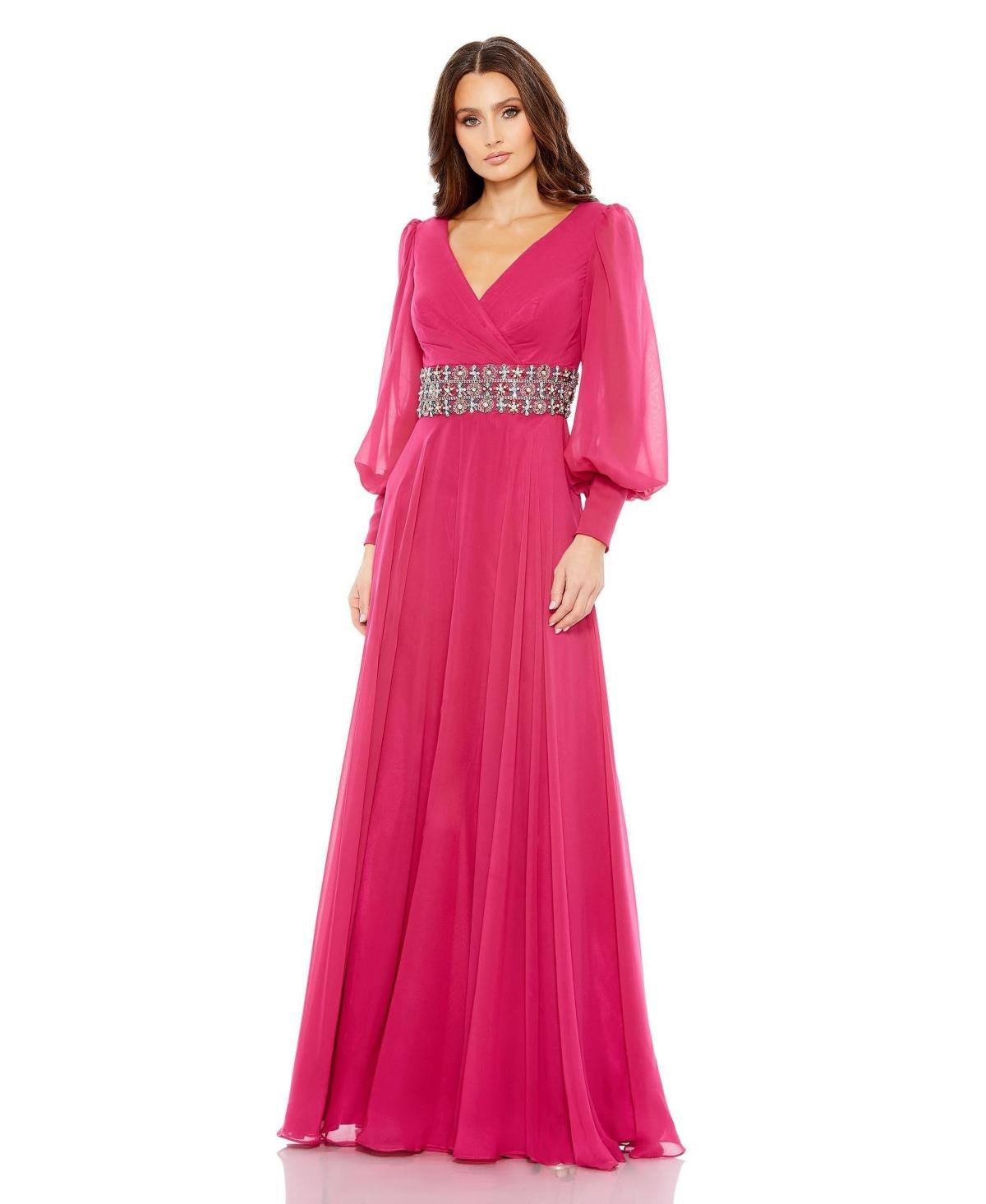 Womens Bishop-Sleeve Wrap Belted Flowy Gown Product Image