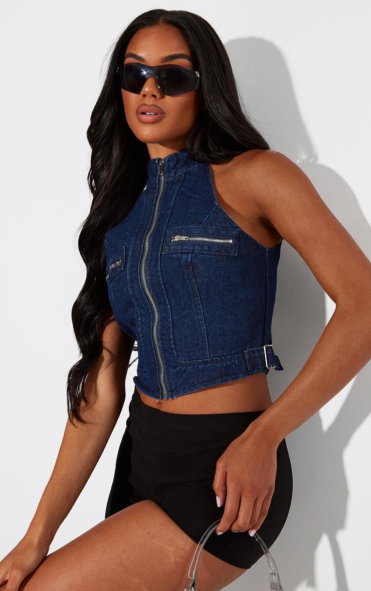 Indigo High Neck Zip Up Crop Top Product Image