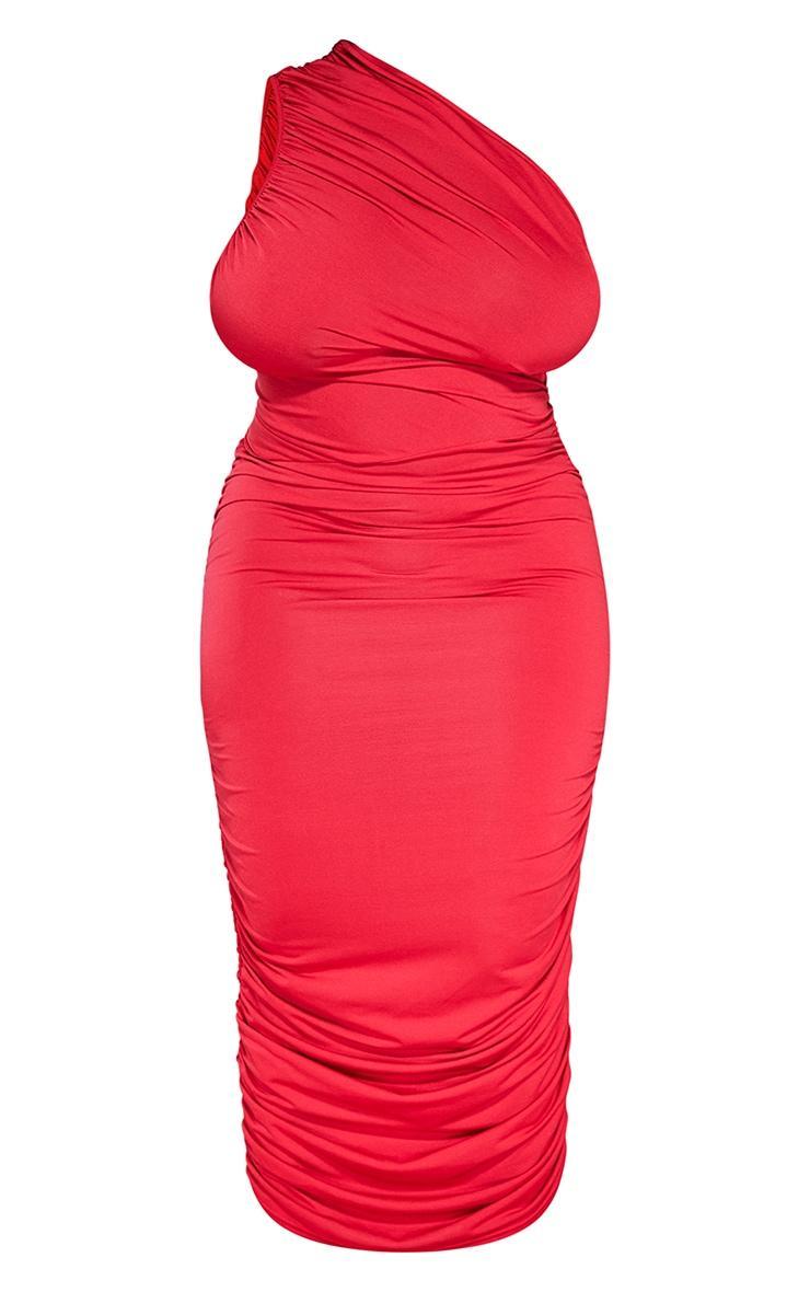 Plus Red Slinky Ruched One Shoulder Longline Midi Dress Product Image