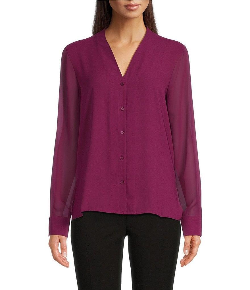 Calvin Klein V-Neck Long Sleeve Button Front Blouse Product Image