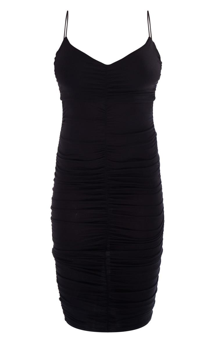 Black Extreme Ruched Spaghetti Midi Dress Product Image