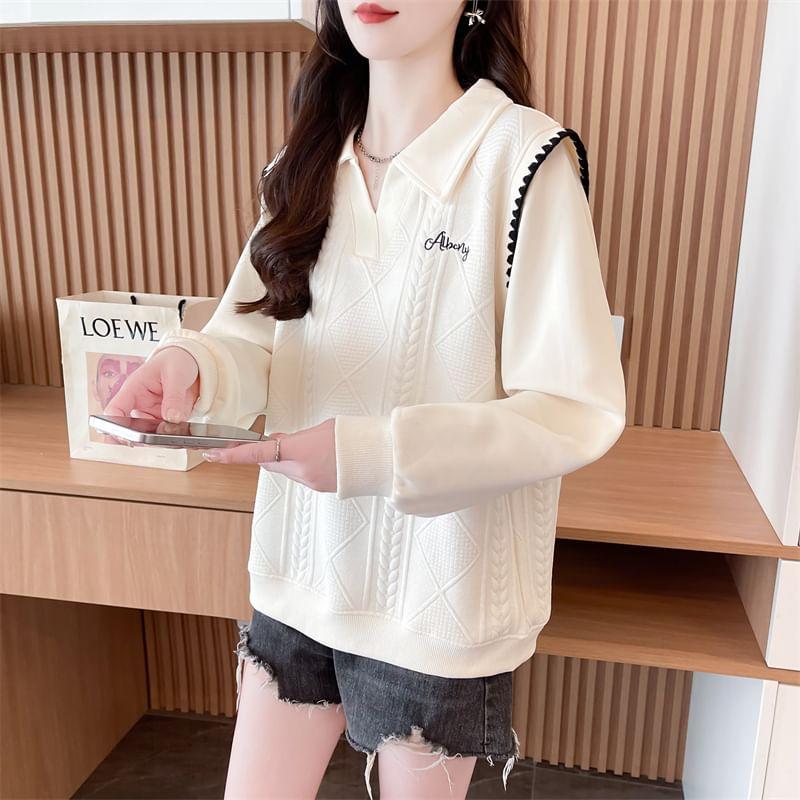 V-Neck Collared Lettering Embroidered Contrast Trim Pullover Product Image