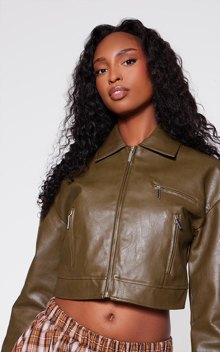 Sage Green Textured Faux Leather Minimal Biker Jacket Product Image