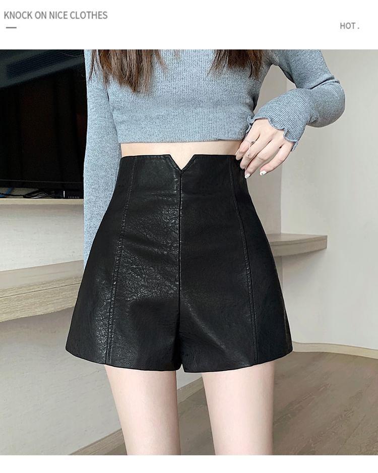 High Waist Plain Faux Leather Wide Leg Shorts Product Image