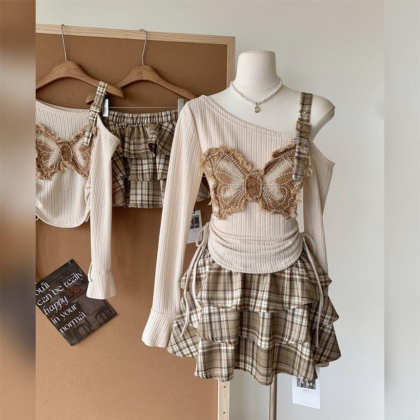 Set: Long-Sleeve Butterfly Accent Asymmetrical Top + Plaid Mini Tiered Skirt Product Image