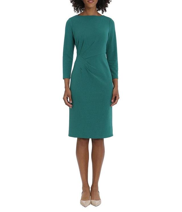 Maggy London Stretch Boat Neck 3/4 Sleeve Pleated Knot Waist Detailed Sheath Dress Product Image