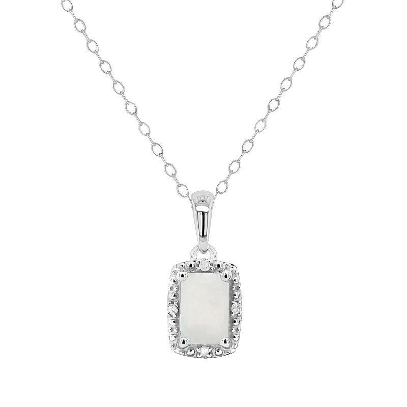 Belk & Co Sterling Silver 6X4Mm Emerald Cut Opal Diamond Accent Halo Pendant Necklace Product Image