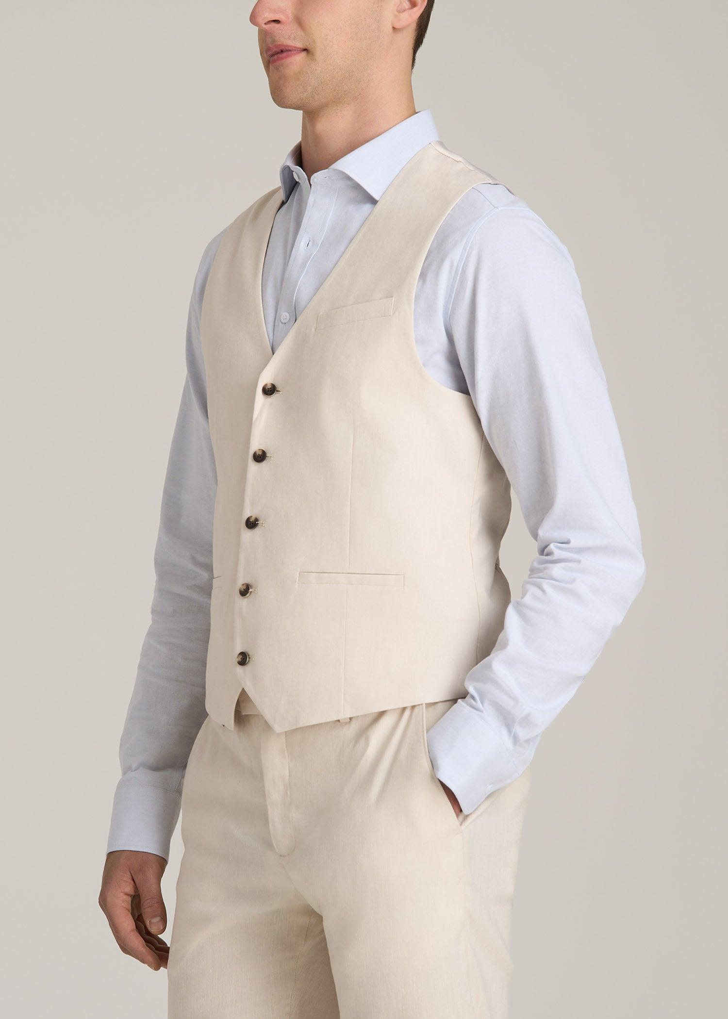 Stretch Linen Suit Vest for Tall Men in Light Beige Linen Male Product Image