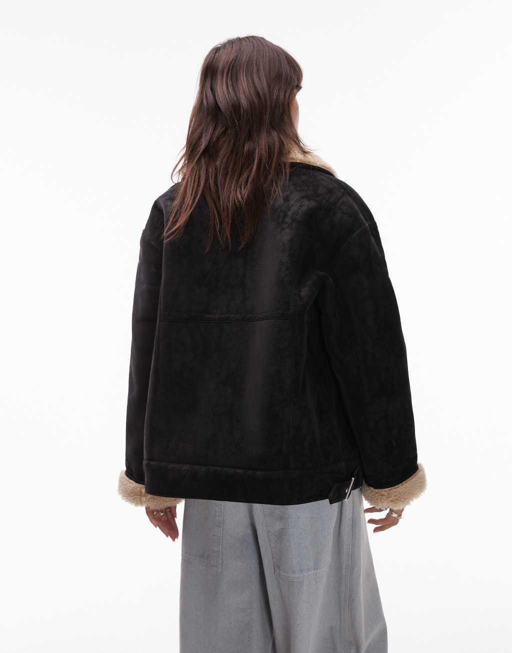 Topshop shearling car coat in black and cream Product Image