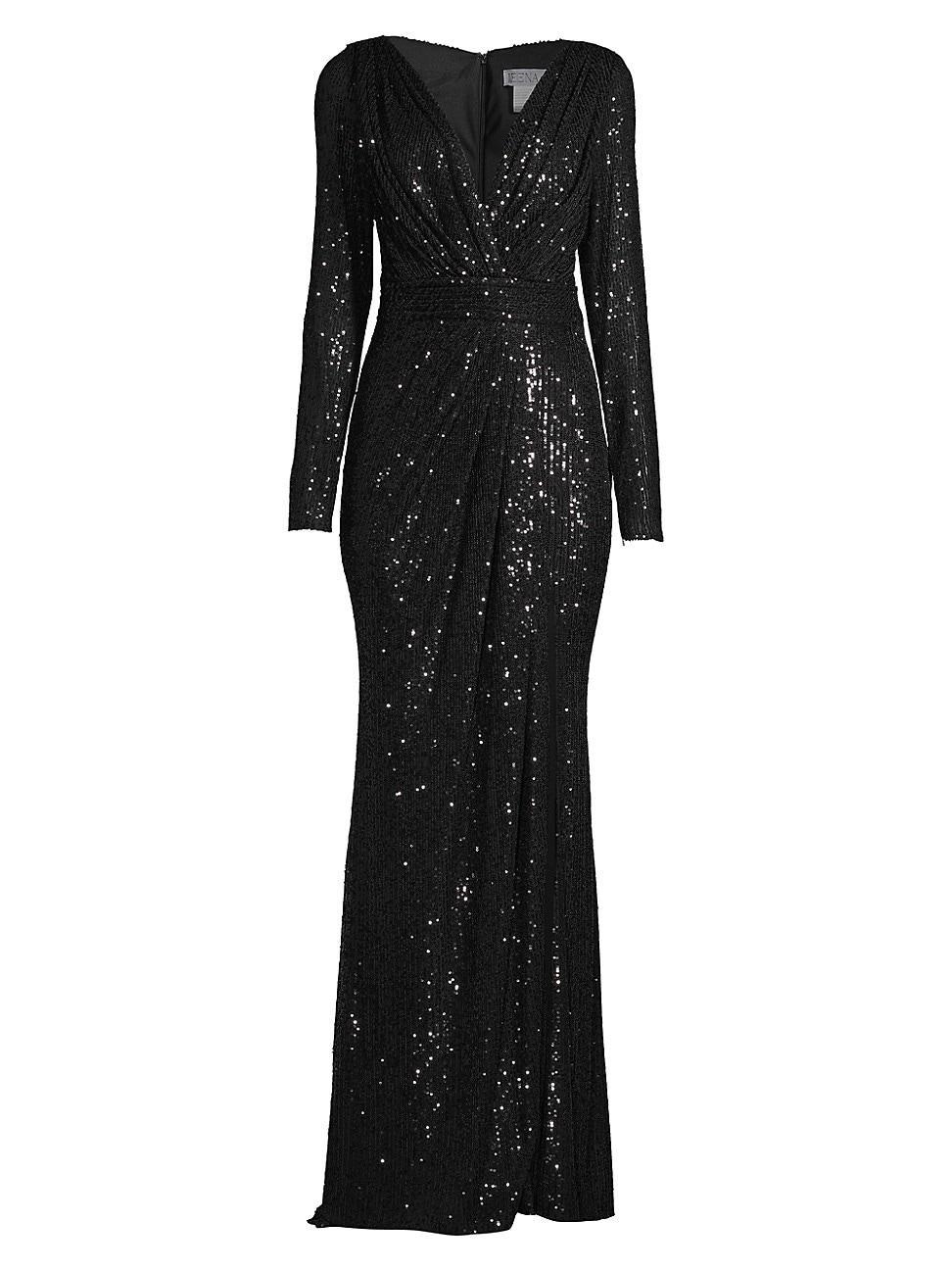 Mac Duggal Sequin Long Sleeve Faux Wrap Gown Product Image