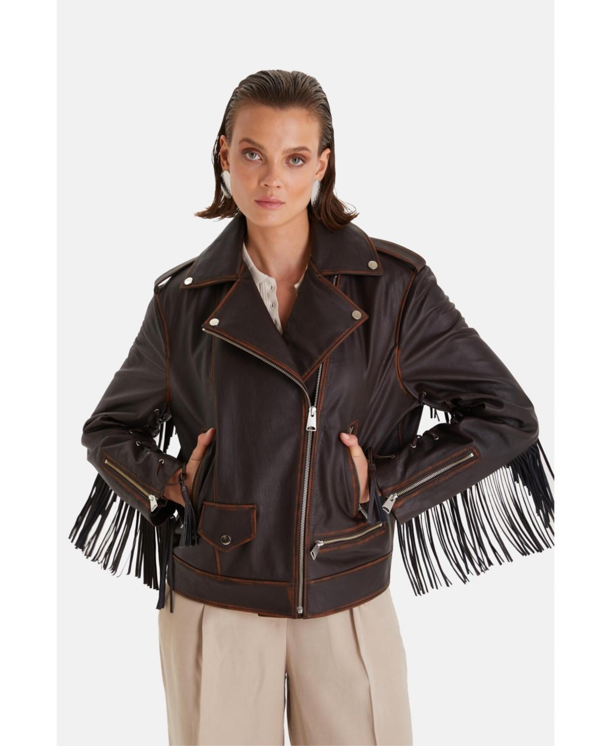 Womens Genuine Leather Jacket Brown Product Image