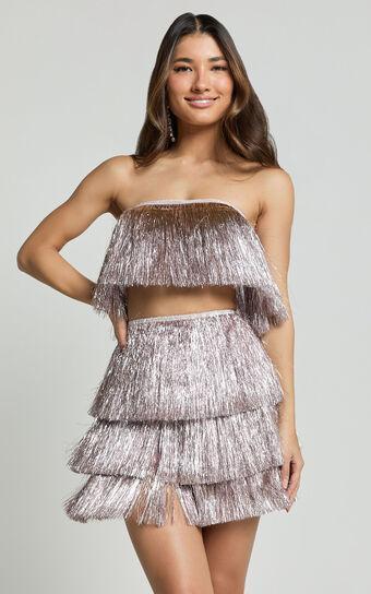 Peggy Two Piece Set - Fringe Strapless Top and Mini Skirt Set in Pink Product Image