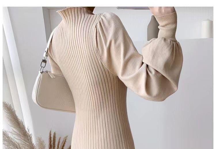 Puff-Sleeve High Neck Plain Ribbed Midi Knit Dress Product Image